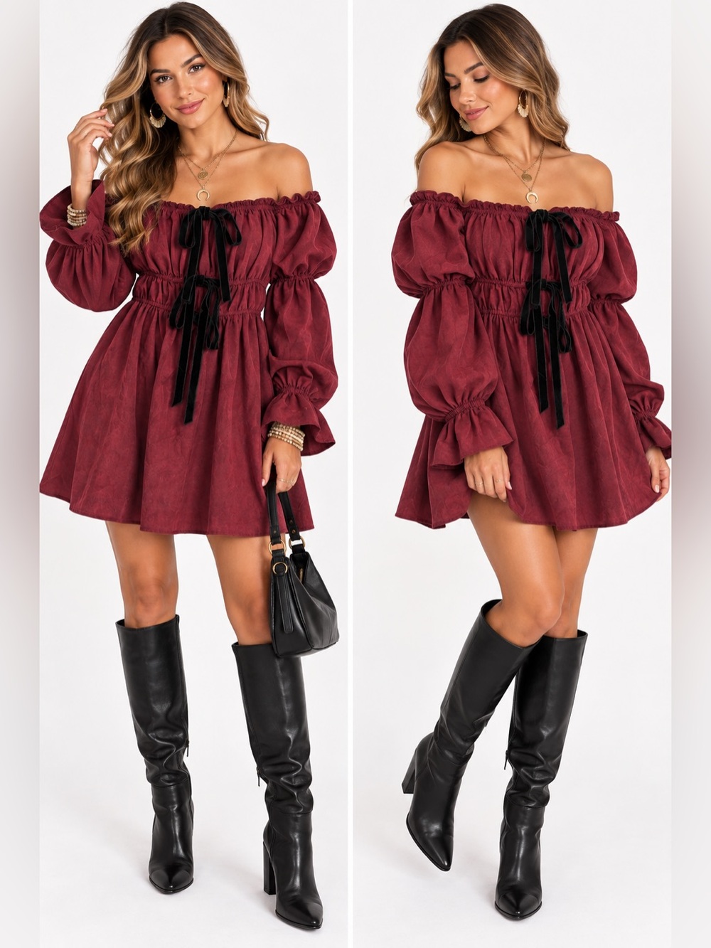 Women's Burgundy Peasant Mini Dress with Ribbon Tie